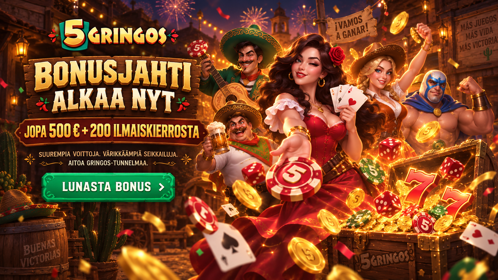 5Gringos Bonus – jopa 500 € + 200 ilmaiskierrosta